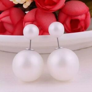 Large Oversized Double Ball Satin White Shell Pearl Ornament Stud Earrings